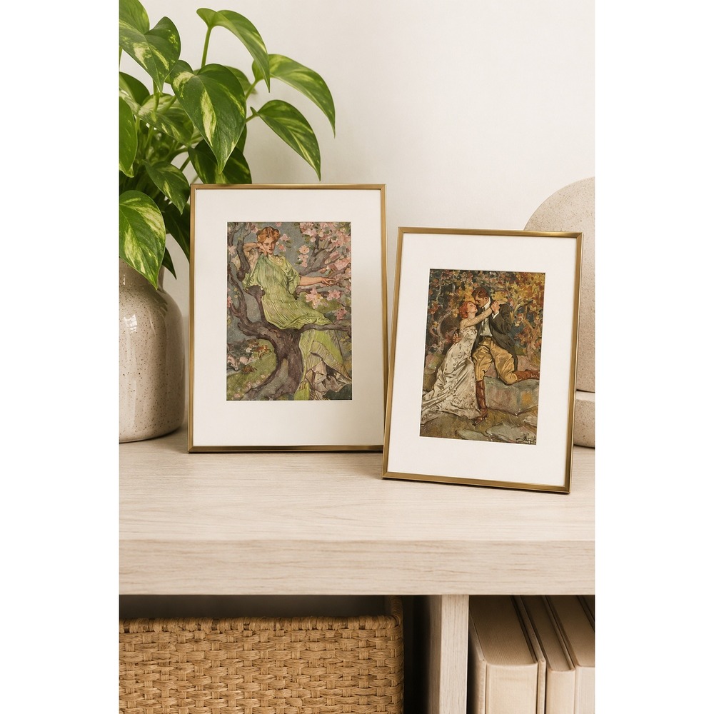 Pair Brass Tabletop Frames Alphonse Mucha Art Nouveau Book Plate Prints Decor